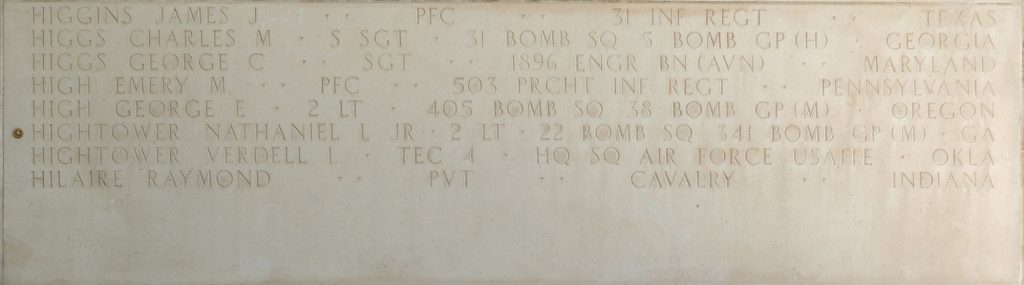 2nd Lt. Nathaniel L. Hightower Jr., memorialized on the Walls of the Missing at Manila American Cemetery.