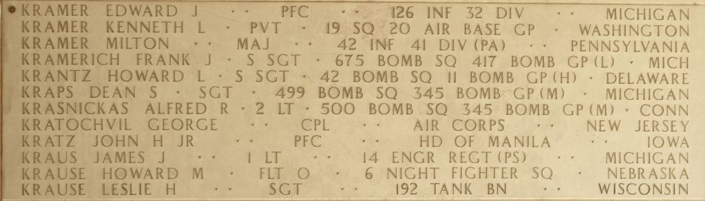 Pfc. Edward J. Kramer memorialized on the Wall of the Missing at Manila American Cemetery.