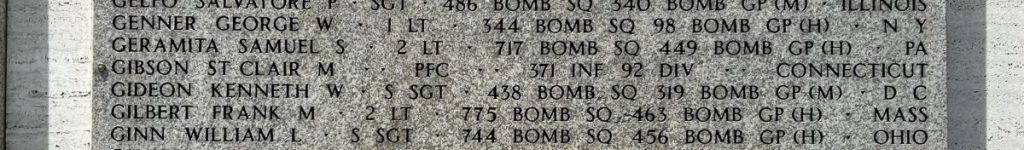 Pfc. St. Clair Gibson memorialized on the Walls of the Missing at Florence American Cemetery.