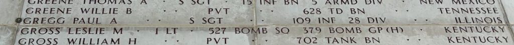 Staff Sgt. Paul A. Gregg memorialized on the Walls of the Missing at Luxembourg American Cemetery.