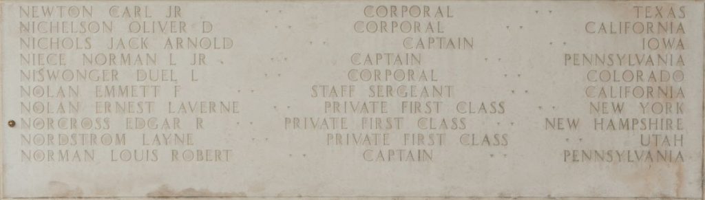 Pfc. Edgar R. Norcross memorialized on the Walls of the Missing at Manila American Cemetery.