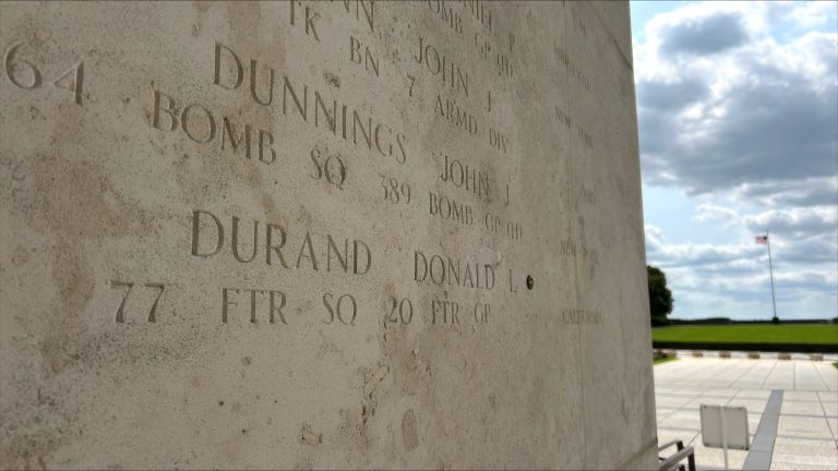 A rosette next to the name of 2nd Lt. Donald L. Durand on the Walls of the Missing at Henri-Chapelle American Cemetery signifies he has been identified. (ABMC photo)