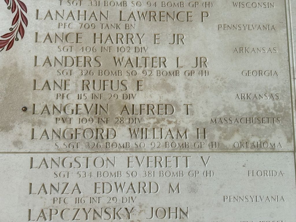 Pvt. Alfred T. Langevin memorialized on the Walls of the Missing at Netherlands American Cemetery.