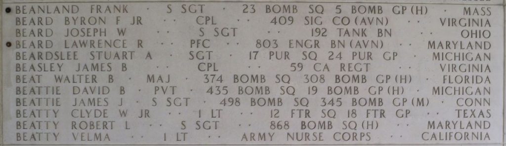 Pfc. Lawrence R. Beard memorialized on the Walls of the Missing at Manila American Cemetery.