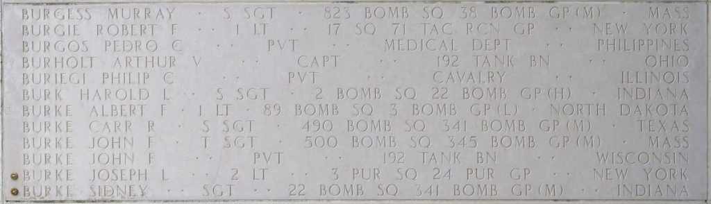 Second Lt. Joseph L. Burke memorialized on the Walls of the Missing at Manila American Cemetery.