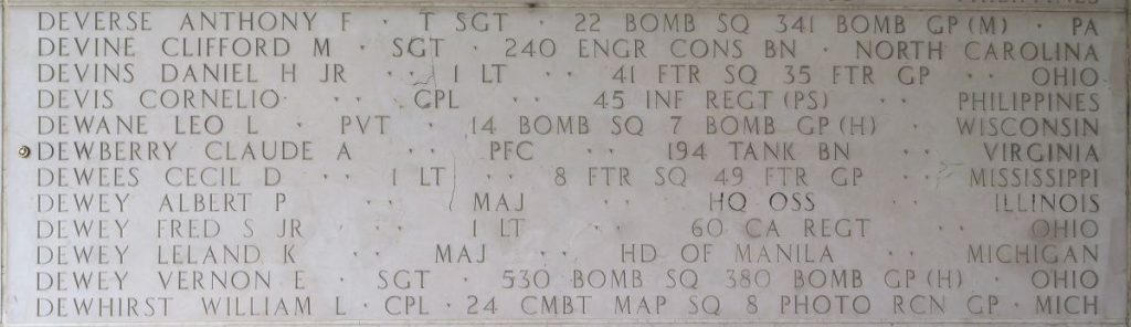 Pfc. Claude A. Dewberry memorialized on the Walls of the Missing at Manila American Cemetery.