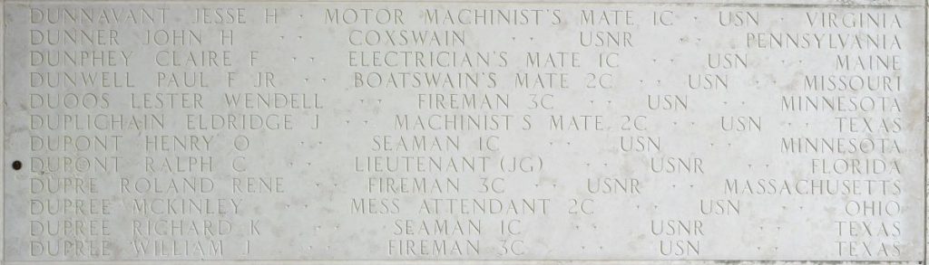 Lt. j.g. Ralph C. Dupont memorialized on the Walls of the Missing at Manila American Cemetery.