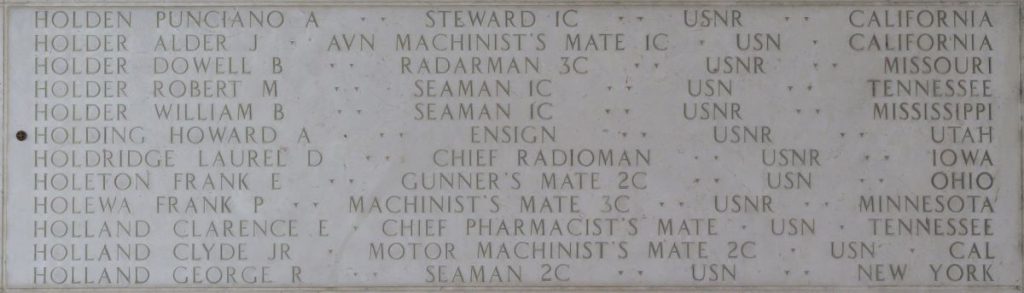 Ensign Howard A. Holding is memorialized on the Walls of the Missing at Manila American Cemetery.