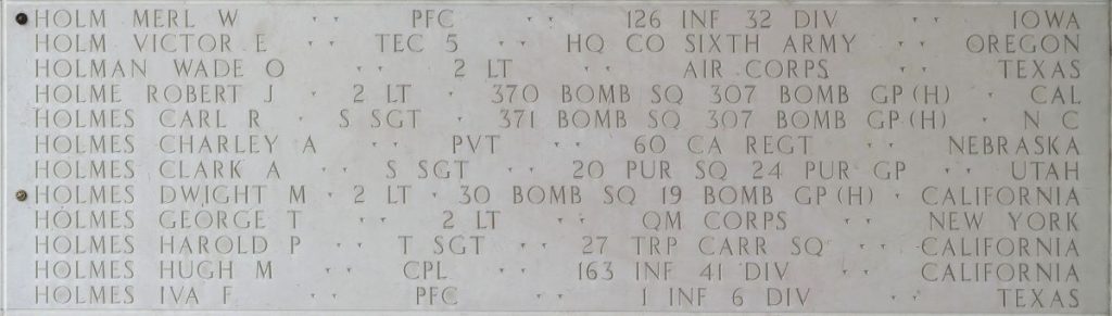 Second Lt. Dwight M. Holmes is memorialized on the Walls of the Missing at Manila American Cemetery.