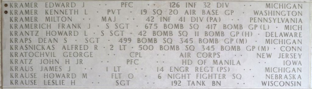 Pvt. Kenneth L. Kramer is memorialized on the Walls of the Missing at Manila American Cemetery.