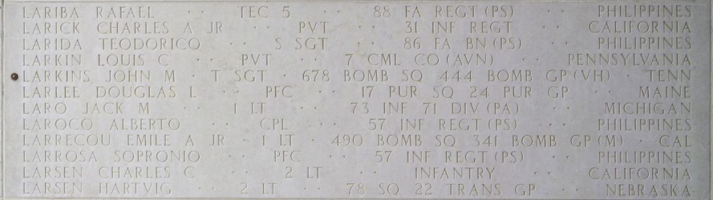 Tech Sgt. John M. Larkins is memorialized on the Walls of the Missing at Manila American Cemetery.