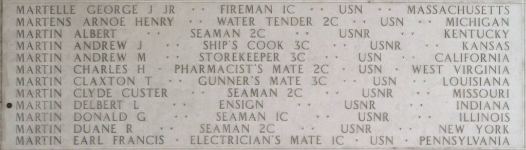 Ensign Delbert L. Martin is memorialized on the Walls of the Missing at Manila American Cemetery.