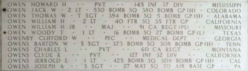 First Lt. Woody T. Owen is memorialized on the Walls of the Missing at Manila American Cemetery.