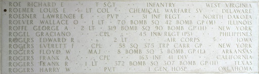 A bronze rosette next to the name of Lt. Col. Louis E. Roemer on the Walls of the Missing at Manila American Cemetery signifies he has been identified. (ABMC photo)