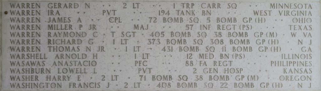 Pvt. Ira Warren memorialized on the Walls of the Missing at Manila American Cemetery.