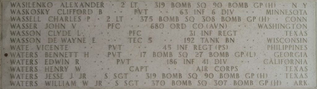 Pvt. Bennett H. Waters memorialized on the Walls of the Missing at Manila American Cemetery.