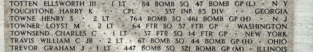 A rosette next to the name of 2nd Lt. Loyst M. Towner on the Walls of the Missing at Florence American Cemetery signifies he has been identified. (ABMC photo)
