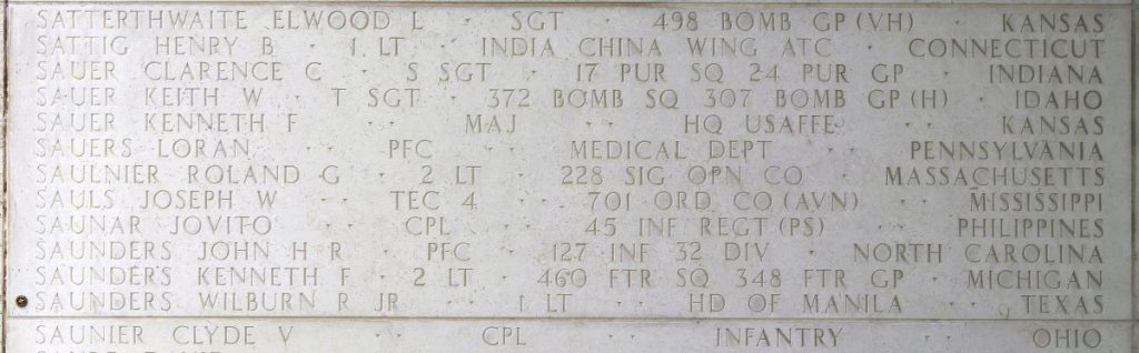 A rosette next to the name of 1st Lt. Wilburn R. Saunders Jr. on the Walls of the Missing at Manila American Cemetery signifies he has been identified. (Photo: American Battle Monuments Commission)