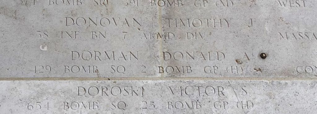 A rosette next to the name of Tech. Sgt. Donald A. Dorman on the Walls of the Missing at Henri-Chapelle American Cemetery signifies he has been identified. (Photo: American Battle Monuments Commission)