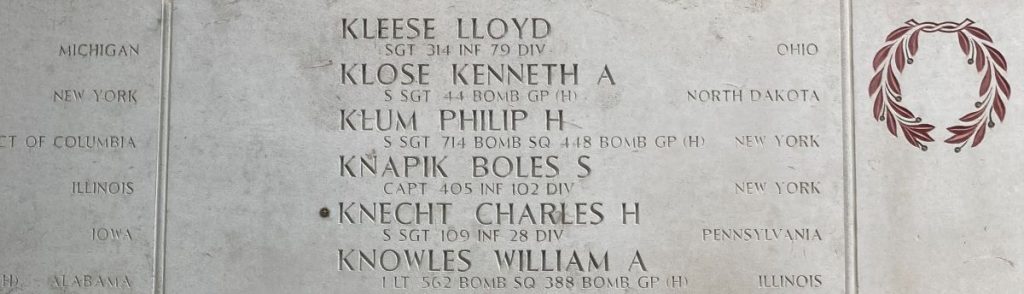 A rosette next to the name of Staff Sgt. Charles H. Knecht on the Walls of the Missing at Netherlands American Cemetery signifies he has been identified. (Photo: American Battle Monuments Commission)