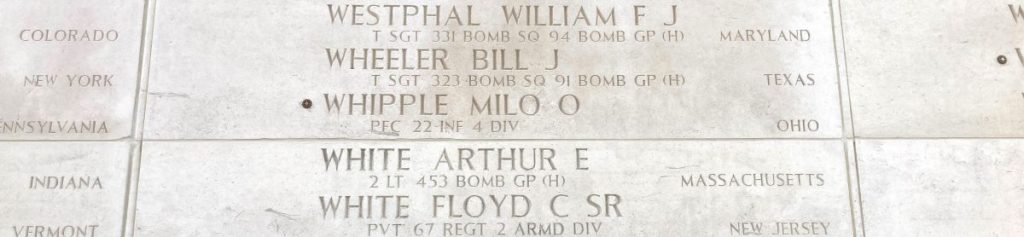 A rosette next to the name of Pfc. Milo O. Whipple on the Walls of the Missing at Netherlands American Cemetery signifies he has been identified. (Photo: American Battle Monuments Commission)