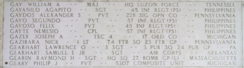 A rosette next to the name of Pvt. Philip J. Geary on the Walls of the Missing at Manila American Cemetery signifies he has been identified. (Photo: American Battle Monuments Commission)