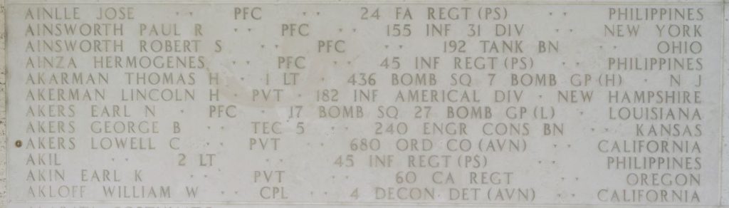 A rosette next to the name of Pvt. Lowell C. Akers on the Walls of the Missing at Manila American Cemetery signifies he has been identified. (Photo: American Battle Monuments Commission)
