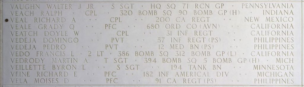 A rosette next to the name of Cpl. Richard A. Veal on the Walls of the Missing at Manila American Cemetery signifies he has been identified. (Photo: American Battle Monuments Commission)