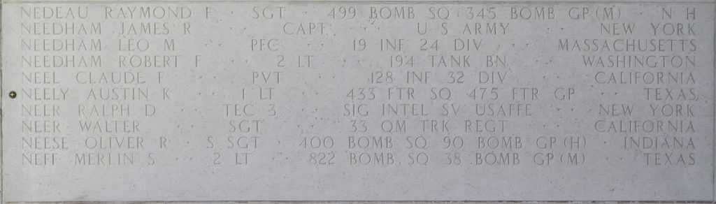 A rosette next to the name of 1st Lt. Austin K. Neely on the Walls of the Missing at Manila American Cemetery signifies he has been identified. (ABMC photo)