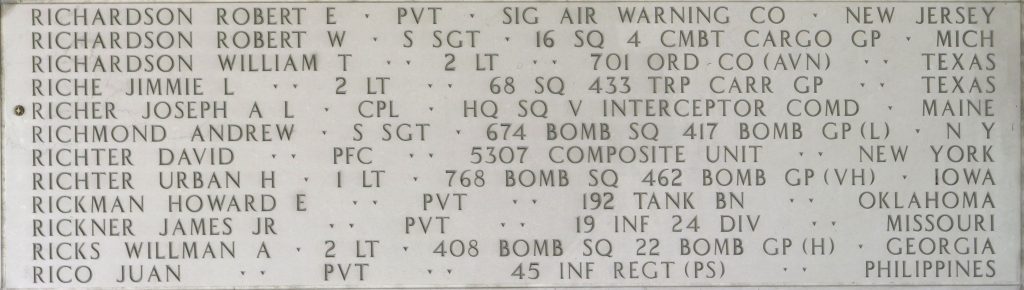 A bronze rosette next to the name of Cpl. Joseph A. L. Richer on the Walls of the Missing at Manila American Cemetery signifies he has been identified. (ABMC photo)