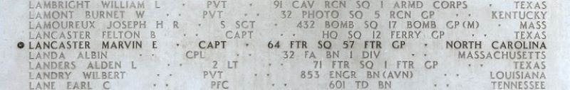 A rosette next to the name of Capt. Marvin E. Lancaster on the Walls of the Missing at North Africa American Cemetery signifies he has been identified. (ABMC photo)