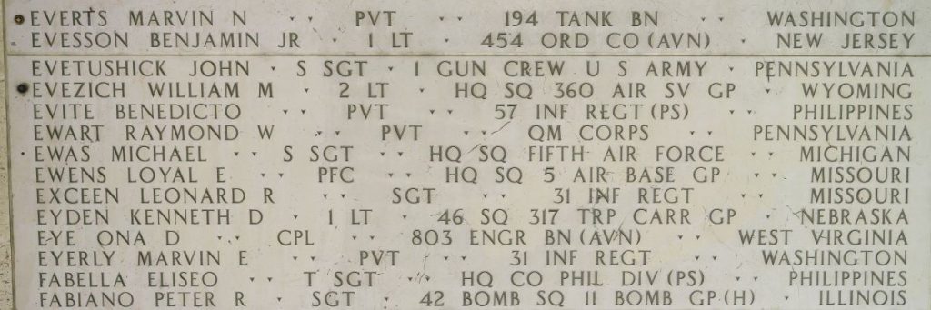 A rosette next to the name of Pvt. Marvin N. Everts on the Walls of the Missing at Manila American Cemetery signifies he has been identified. (ABMC photo)