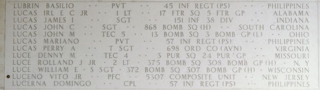 A rosette next to the name of Pfc. Vito Luceno Jr. on the Walls of the Missing at Manila American Cemetery signifies he has been identified. (ABMC photo)