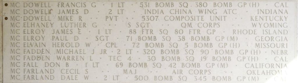 A rosette next to the name of Pvt. Mike R. McDowell on the Walls of the Missing at Manila American Cemetery signifies he has been identified. (ABMC photo)
