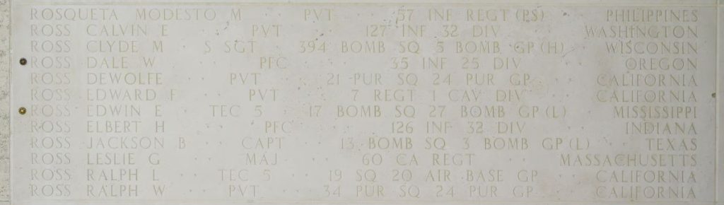 A rosette next to the name of Tech. 5 Edwin E. Ross on the Walls of the Missing at Manila American Cemetery signifies he has been identified. (ABMC photo)