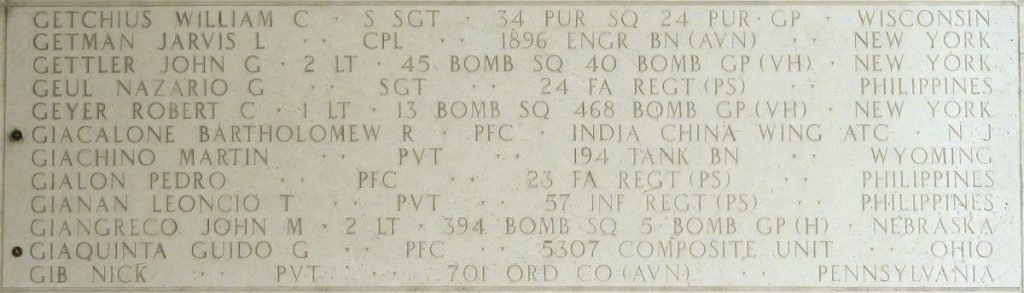 A rosette next to the name of Pfc. Guido G. Giaquinta on the Walls of the Missing at Manila American Cemetery signifies he has been identified. (ABMC photo)