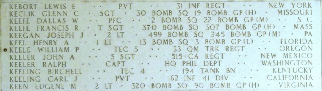 A rosette next to the name of Tech. 5 William P. Keele on the Walls of the Missing at Manila American Cemetery signifies he has been identified. (ABMC photo)