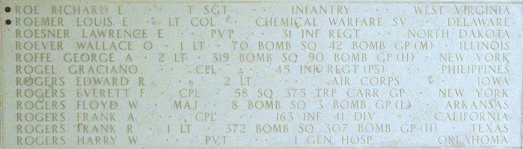 A rosette next to the name of Tech. Sgt. Richard E. Roe Jr. on the Walls of the Missing at Manila American Cemetery signifies he has been identified. (ABMC photo)