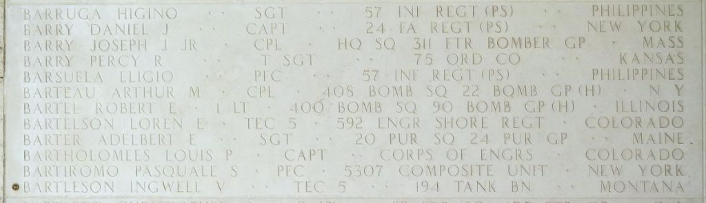 A rosette next to the name of Tech. 5 Ingwell V. Bartleson on the Walls of the Missing at Manila American Cemetery signifies he has been identified. (ABMC photo)