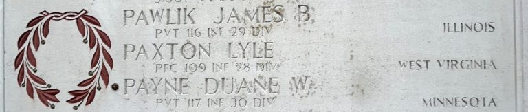 A rosette next to the name of Pvt. Duane W. Payne on the Walls of the Missing at Netherlands American Cemetery signifies he has been identified. (ABMC photo)