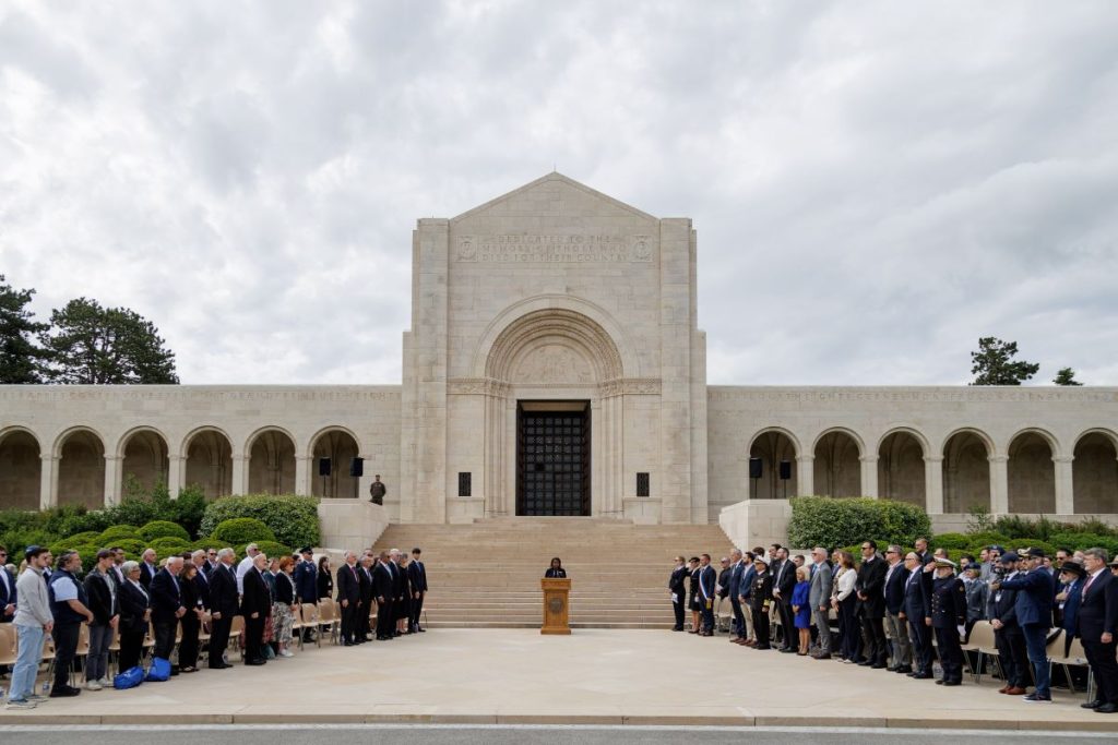 Guests of Operation Benjamin gather in front of the chapel at Meuse-Argonne American Cemetery June 2, 2026, for a ceremony honoring Jewish-American soldiers whose headstones were changed from Latin crosses to Stars of David to reflect their religious heritage. (ABMC photo/NGuyen-Kim)