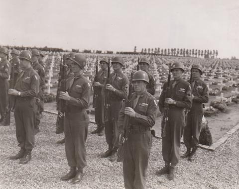 A color guard at the Netherlands American Cemetery Memorial Day ceremony in May 1945. A color guard at the Netherlands American Cemetery Memorial Day ceremony in May 1945.
