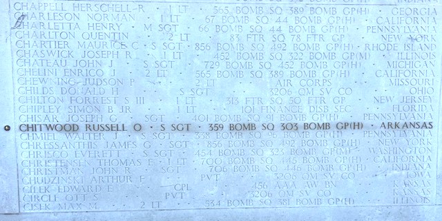 A rosette next to the name of Staff Sgt. Russell O. Chitwood on the Walls of the Missing at Cambridge American Cemetery signifies he has been identified. (Photo: American Battle Monuments Commission)