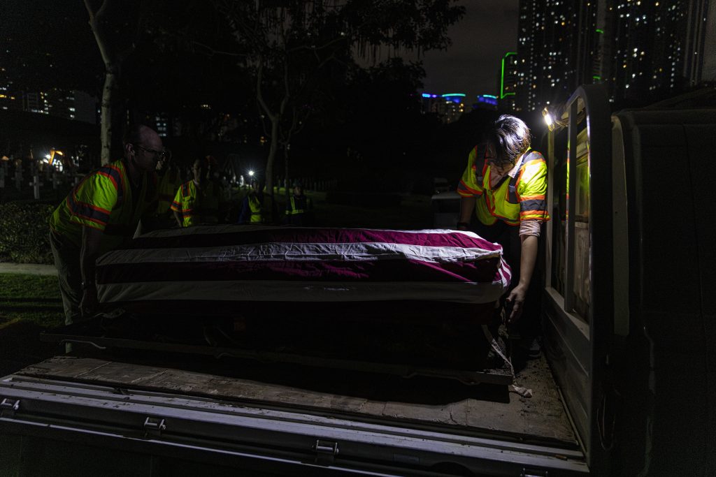 The American flag is draped over the coffin of an unknown service member Feb. 24, 2025, at Manila American Cemetery. The remains were disinterred for the Defense POW/MIA Accounting Agency to attempt to identify the service member. In 2024, DPAA identified 172 Americans missing from World War II, Vietnam and Korea.