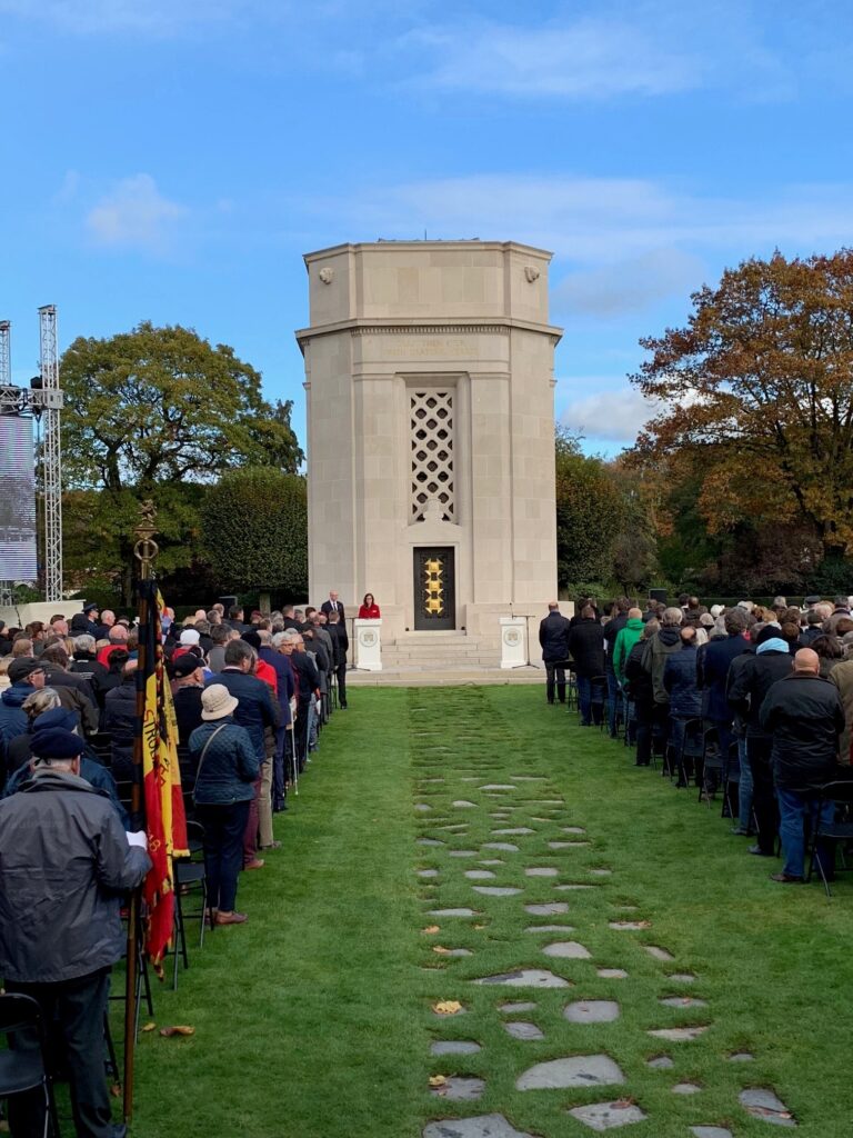 Attendees stood at the beginning of the WWI centennial ceremony at Flanders Field American Cemetery to mark American operations in Belgium.