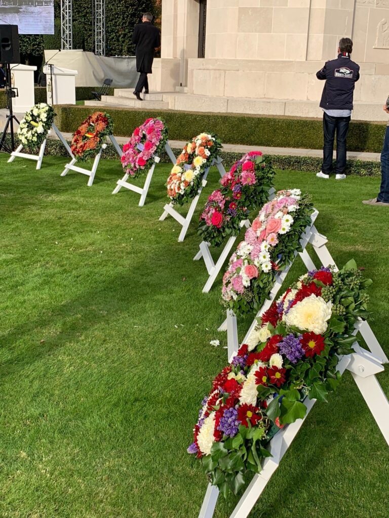 Floral wreaths were laid as a sign of honor and remembrance during the WWI centennial ceremony at Flanders Field American Cemetery to mark American operations in Belgium.