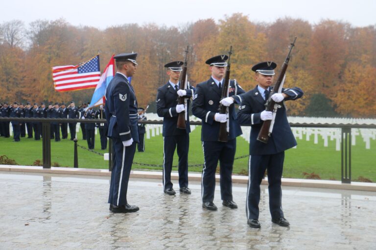 U.S. Airmen participate in 2017 Veterans Day Ceremony at Luxembourg American Cemetery. Image courtesy of U.S. Embassy Luxembourg.