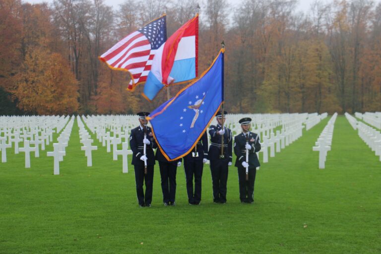 U.S. Airmen serve as the Honor Guard during the 2017 Veterans Day Ceremony at Luxembourg American Cemetery. Image courtesy of U.S. Embassy Luxembourg.
