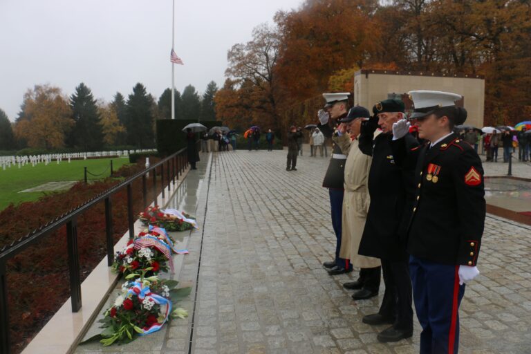 Ceremony participants laid floral wreaths during the 2017 Veterans Day Ceremony at Luxembourg American Cemetery. Image courtesy U.S. Embassy Luxembourg.