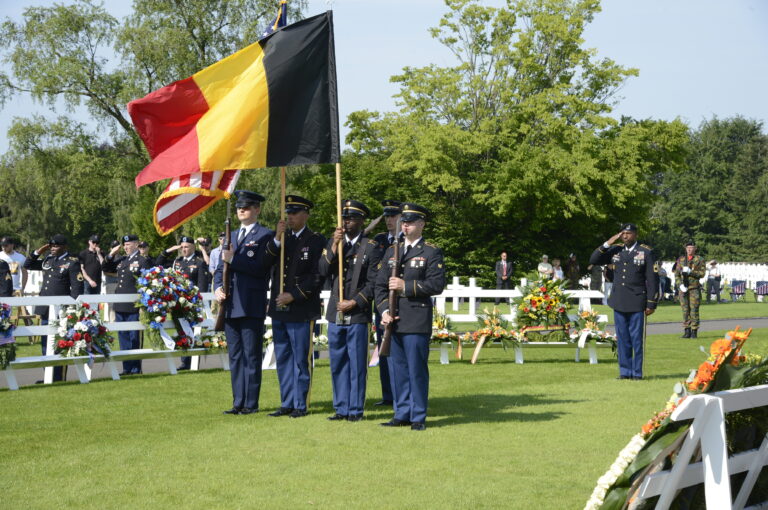 An American Honor Guard participated in the 2018 Memorial Day Ceremony at Henri-Chapelle American Cemetery in Belgium. Image courtesy of U.S. Embassy Belgium.